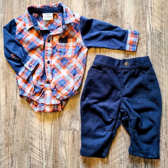 6-9 Month Boy FORE!! Axel & Hudson Boutique Outfit - Plaid Onesie/Tweed Pant - Picture 1 of 8